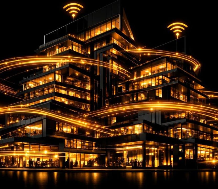 Mixed-use property broadband — illuminated multi-tenant building with fibre signal flows