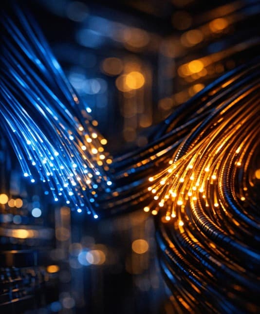 Broadband infrastructure rollout — gold-lit fibre optic backbone