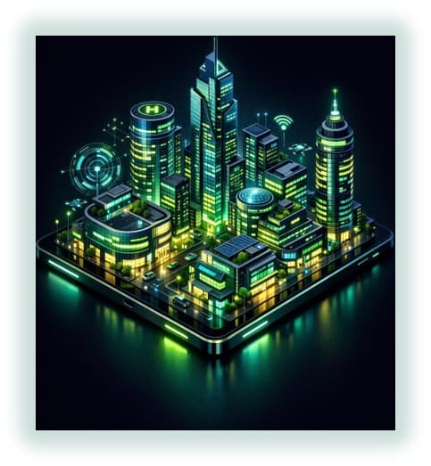 SMART connected city — isometric night render of a fibre-lit mixed-use property development
